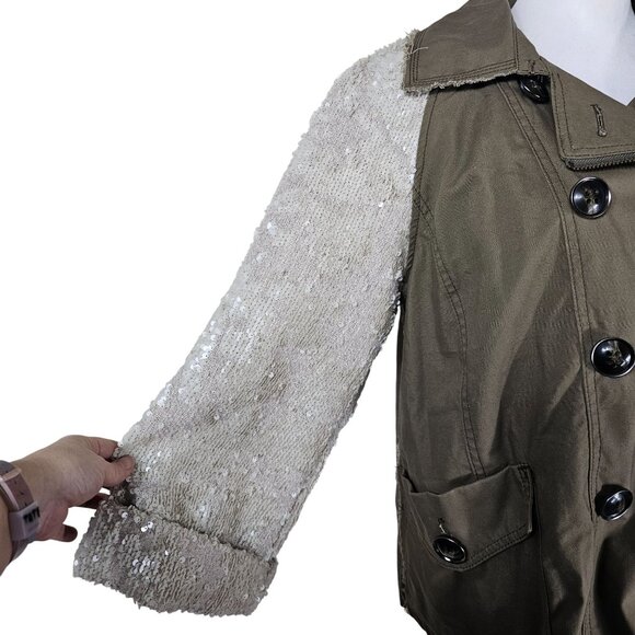 ANTHROPOLOGIE Hei Hei Sequin Sleeve Jacket Sz L Army Green Swing Double Breasted - Picture 9 of 13
